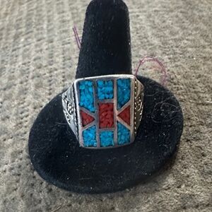 Turquoise & Red Inlay Sterling-Style Ring -
Carolyn Pollack